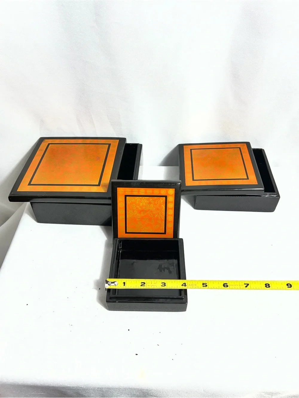 Set Of 3 Black Orange Lacquer Nesting Trinket Boxes Floral Storage Decor